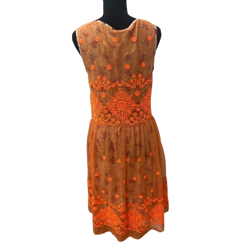 NWOT Uncle Frank for Anthropologie Boho Lace Floral Orange Neon Dress - Picture 4 of 5